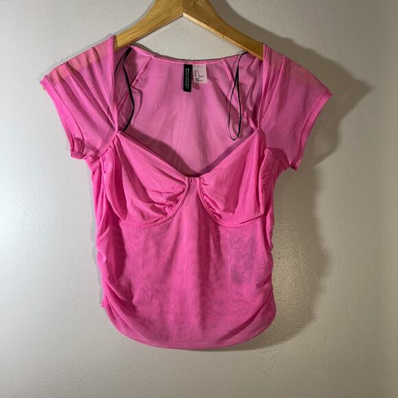 H&M Divided Mesh Corset-Style Neon Pink Ruched Bustier Blouse Y2K Barbiecore S - Picture 1 of 5